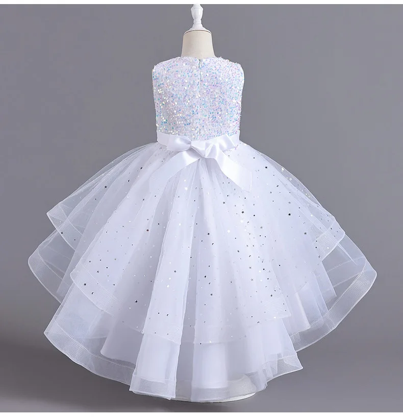 Glitzer Pailletten Hi-Lo Kind Blumen mädchen Kleider Geburtstag Tüll ärmellose Bogen Sternen prinzessin Kinder Hochzeits feier formelles Kleid