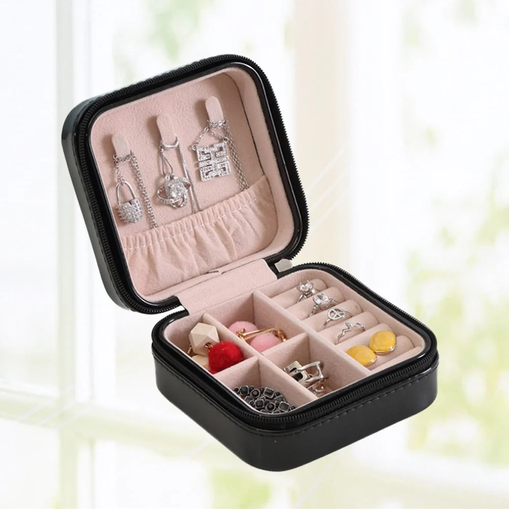 

Jewelry Storage Box Portable Black Solid Color Organizer Lightweight Zipper Design Ring Earring Jewelry Storage Box
