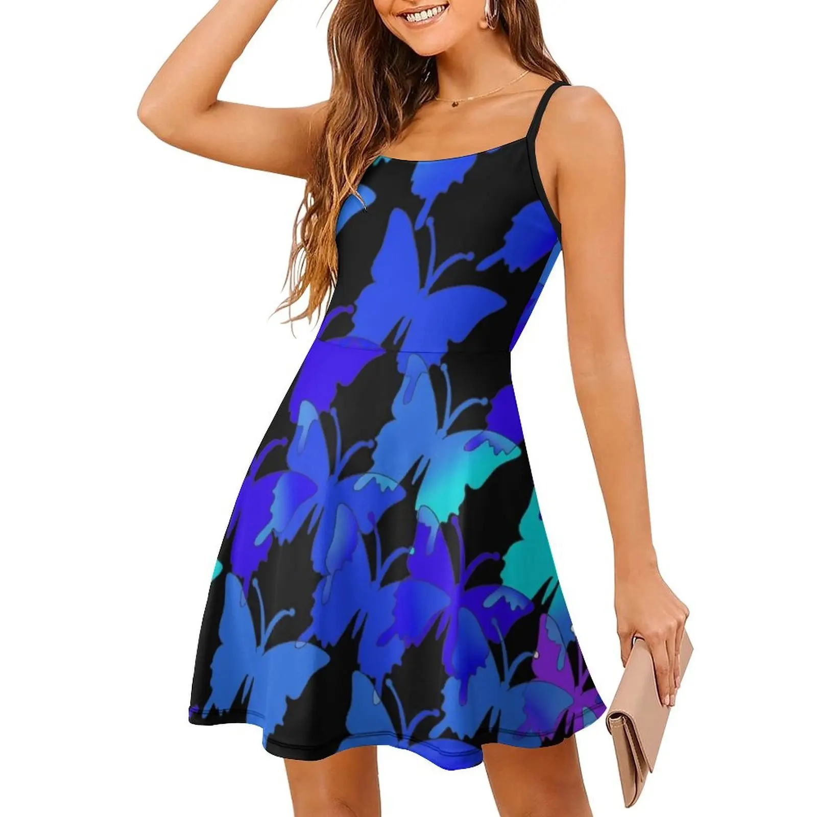 Butterflies Blue Lilac Black Sky Retro 80S And 70S Art Vintage Bohemian Dress Puff Sleeve Or Sleeveless Options For Women Dress