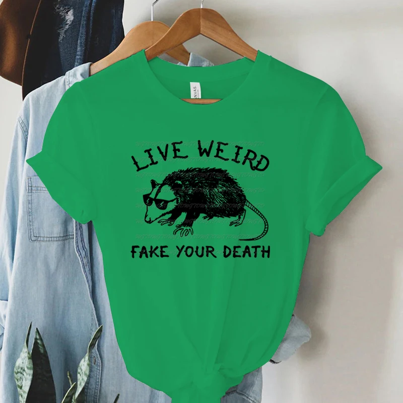 Opossum Live Weird Fake Your Death Graphic Tee Women Funny Animal T-shirts Possum Eat Trash Print Tops Short Sleeve Women Tshirt