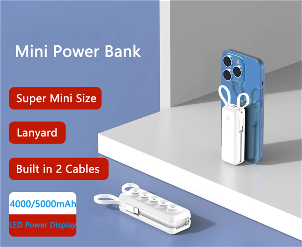 

Super Mini Power Bank 5000mAh Portable Charger Built in Cable for iPhone 14 Samsung S22 Xiaomi 13 Phone Spare Battery Powerbank