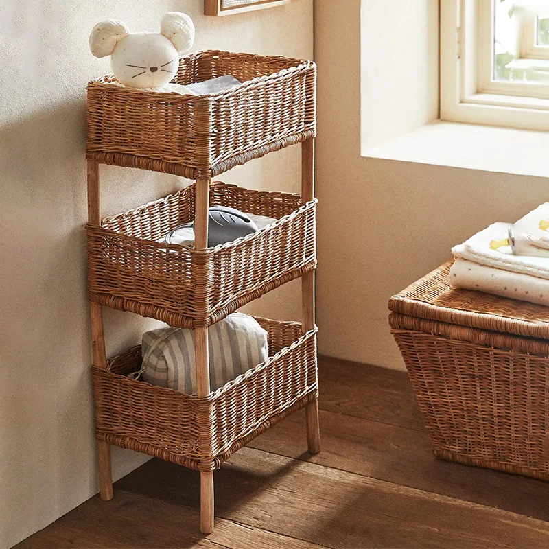 Rural style floor rattan storage rack, homestay decorative sundries rack, hand-woven solid wood multi-layer storage basket