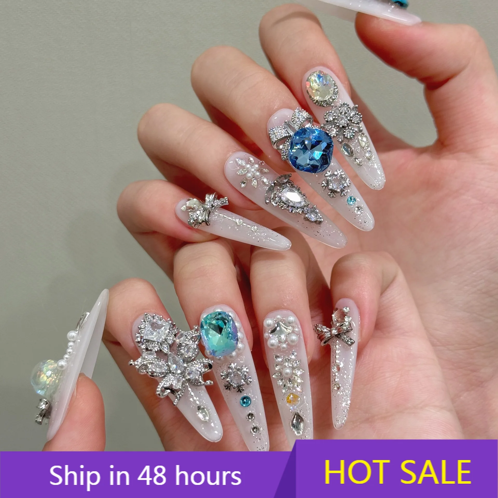 

YTYIN Series High Luxury Nail Art Ice Queen Full Diamond Zircon Elegant Light Heavy Craft Wearable Finger Nails Acrylic Full Cov