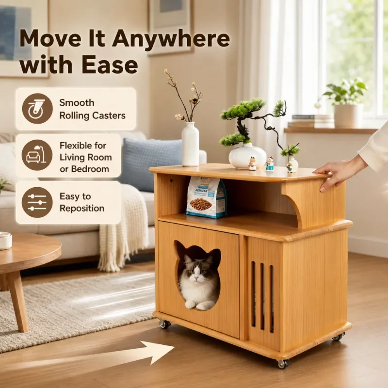 Wooden cat cabinet with wheels Bedside table Integrated closed cat nest Living room storage pet cabinet Breathable cat cabin