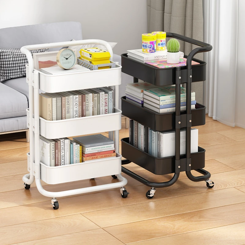 Small bookshelves, multi-layered, floor-to-ceiling, movable wheeled carts, and easy to use at the table