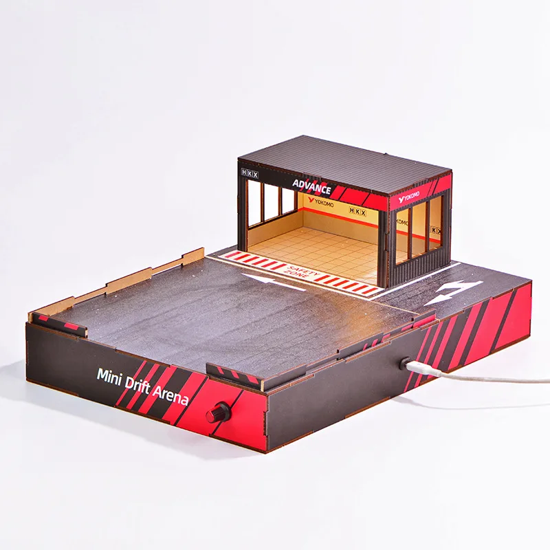 1:64 Scale DIY Drift Track Diorama with Rotating Stage & LED Garage Lights – Model Car Scene Building Kit for Mini Car Display