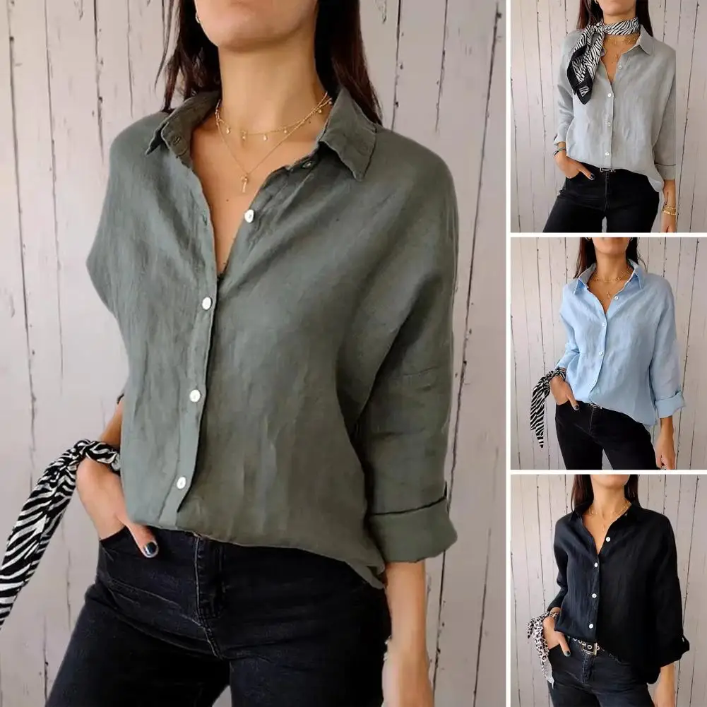 Women Shirt Elegant Lapel Long Sleeve Women's Shirt Solid Color Loose Fit Casual Office Lady Top Stylish Single for Women