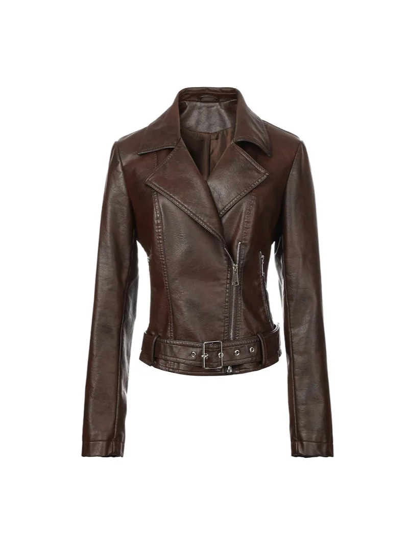 

Popular women's lapel PU motorcycle jacket for autumn and winter, adjustable belt, cuffs, zipper, punk jacket top