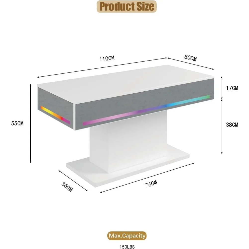 Modern Rectangular LED Coffee Table for Living Room with 16 Color Options, Wooden Center Table for Contemporary Style