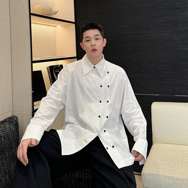 

Мужская повседневная белая рубашка весна-лето с асимметричной застежкой на двойные пуговицы, свободного кроя, с длинным рукавом и острым воротником