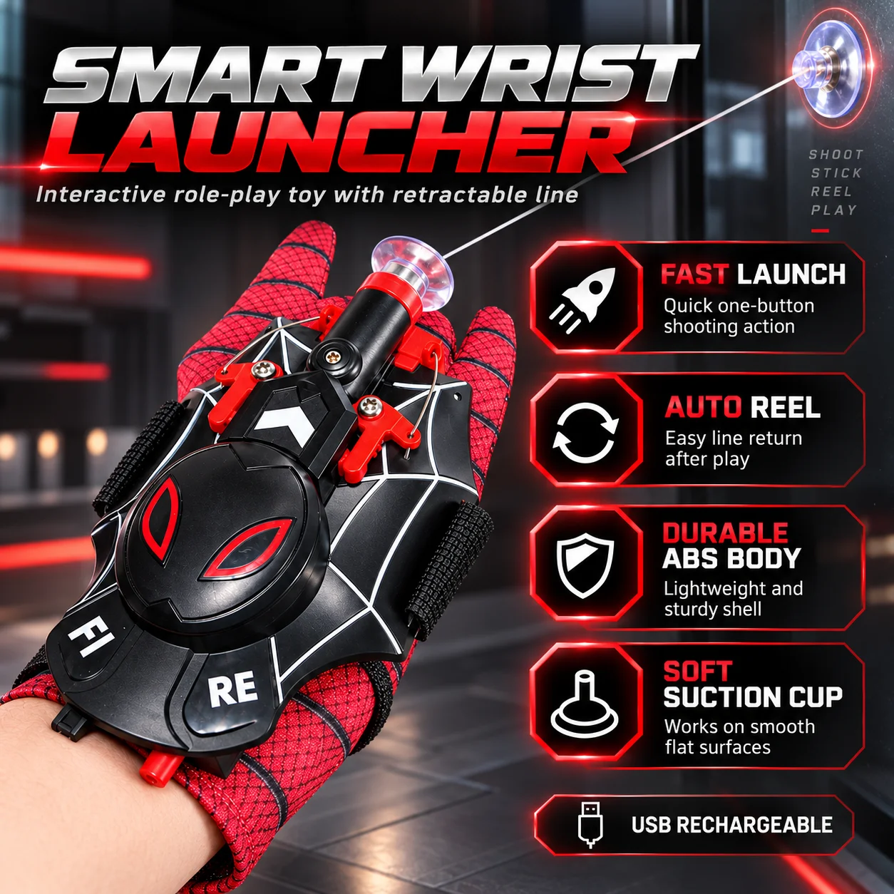 Spider Web Shooter Toy for Kids, Electric Auto Retracting String Launcher, Magnetic Suction Cup, USB Rechargeable Role Play Toy