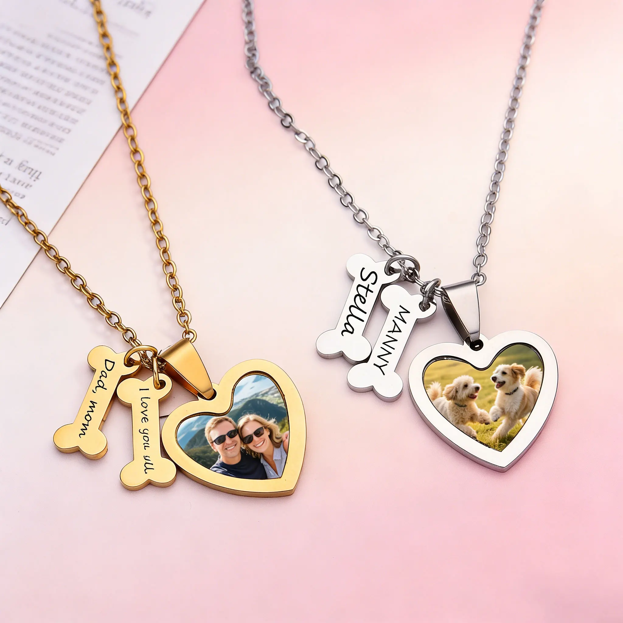 

Personalized Custom Photo Stainless Steel Heart With Bone Pendant Engraved Name Necklace For Family Friend Keepsake Jewelry Gift