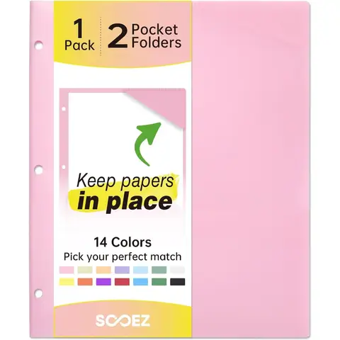 3 Hole Punched Plastic Pocket Folders with Labels Heavy Duty Letter Size File Folder for 3 Ring Binder Document Organizer Pink 1 Pack