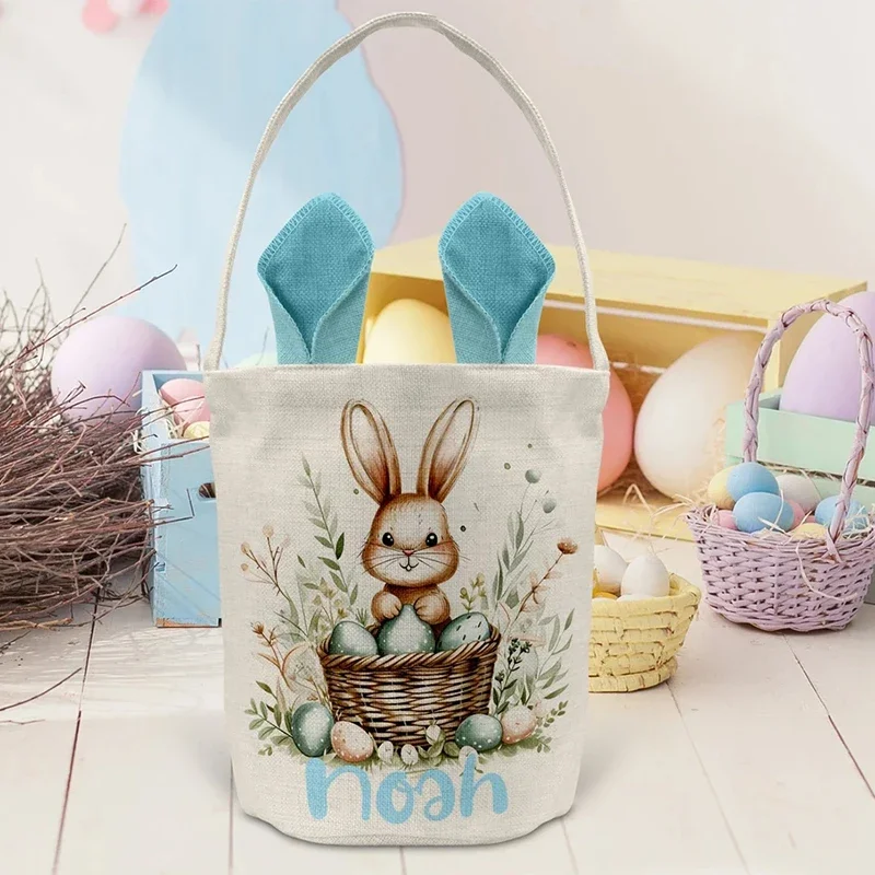 Personalized Name Rustic Floral Bunny Rabbit Easter Bag Happy Easter Party Decoration Egg Hunt Basket Custom Kid Boy Girl Gifts
