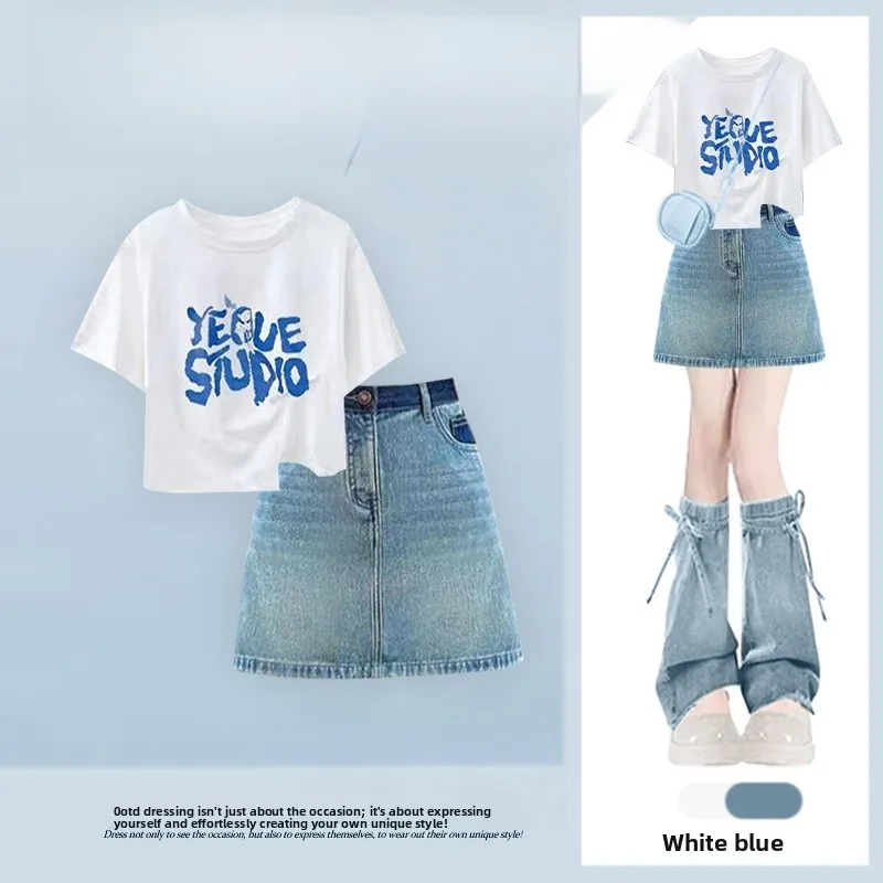

Salt Series Teen Girl Faion Set High Waist Asymmetrical ort Sve T-irt Top And Slimming ort Skirt Two Piece Set