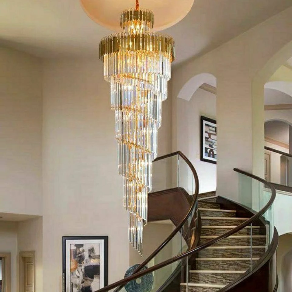 Crystal Chandelier For Duplex Apartments Led Luxury Villa Living Room Pendant Light Rotating Staircase Light Long Pendant Light