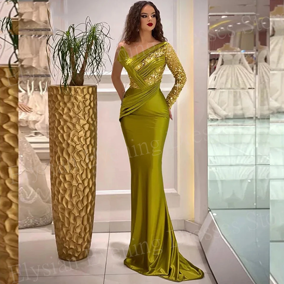 Arabia Luxurious Modern Women\'s Mermaid Shiny Evening Dresses Charming One Shoulder Pleated Prom Gowns فساتين للمناسبات الرسمية