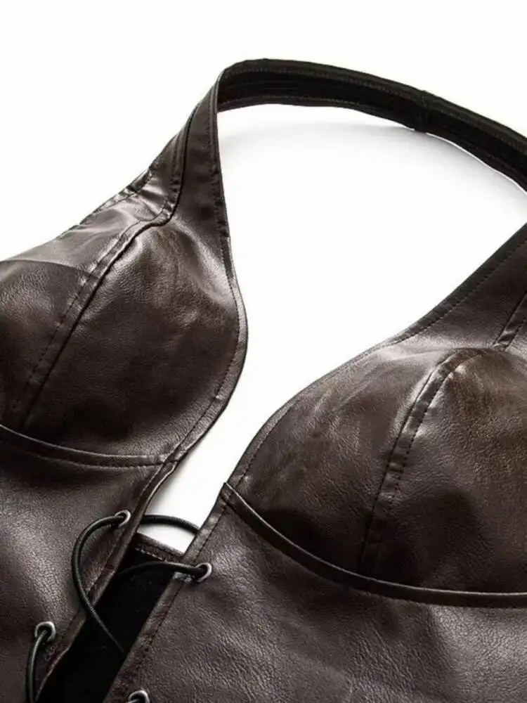 المرأة مثير نادي Gyaru سليم القهوة فو الجلود قصيرة المحاصيل القمم الإناث خمر Y2K موتو السائق بولي Backless تصميم الشارع الدبابات #4