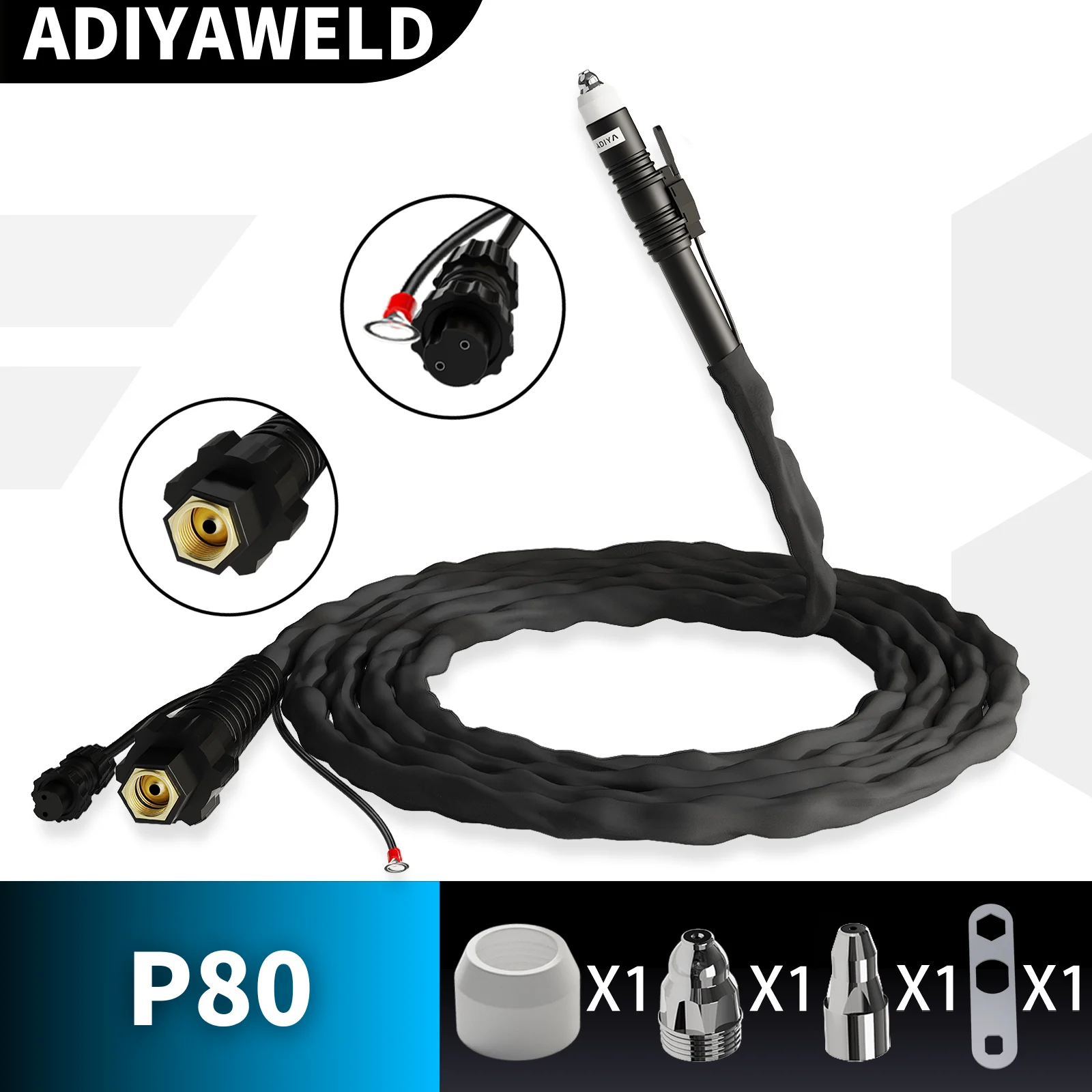 

ADIYAWELD P80 Air Plasma Cutting Torch Pilot Arc 5M/7M Burner Holder CNC Auto Cutting/Manual Black Straight CUT 20mm