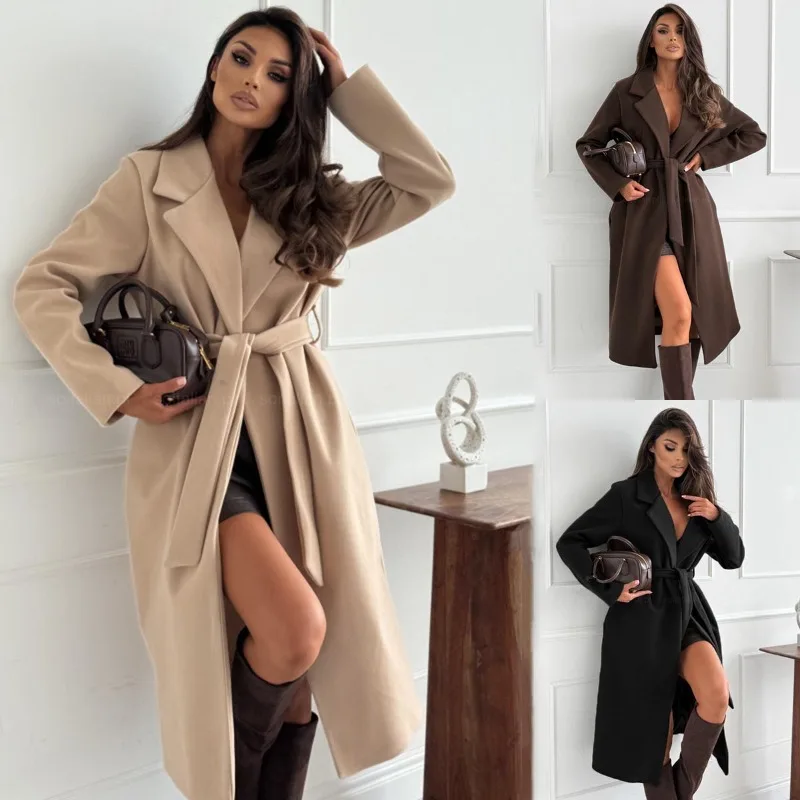 

Women's Long Coat Autumn Winter Warm Woolen Jackets Long Belted Lapel Outerwear Women's Bathrobe Coat Sobretudo Feminino