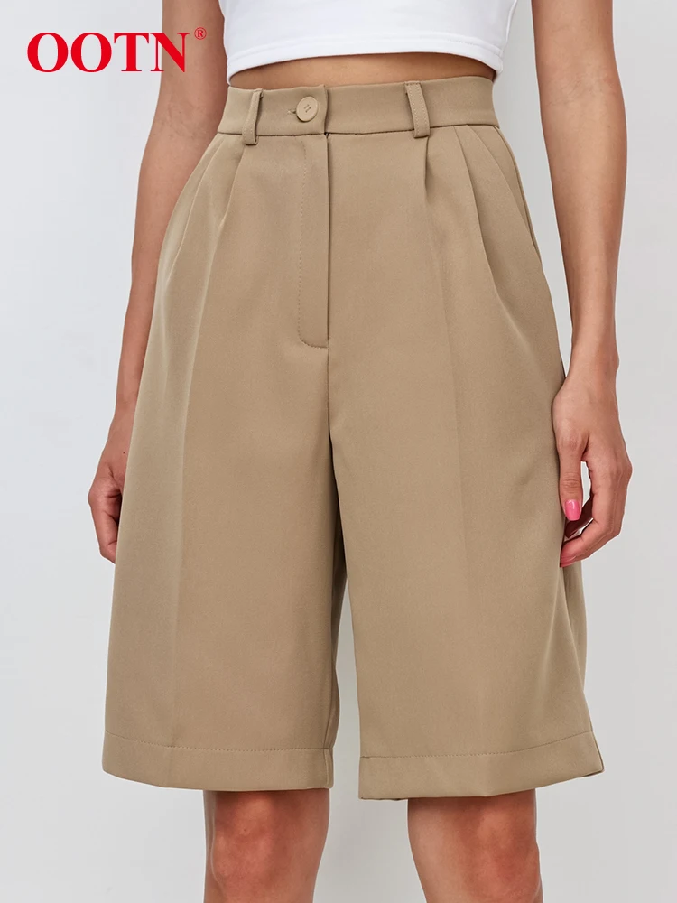 

OOTN Office Ladies Khaki Midi Shorts Elegant High Waist Pleated Short Pants Female Summer Casual Pockets Shorts 2024 New Black