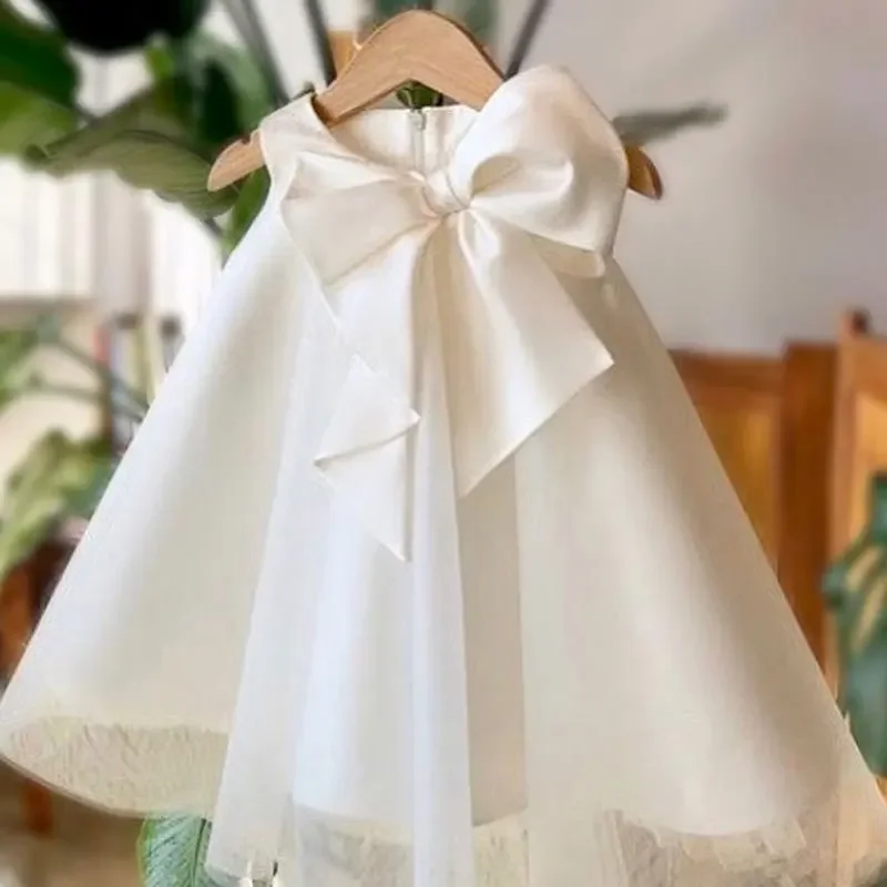 2024 New Flower Girl Dress Kids Birthday Baptism Dresses For Children Elegant Big Bow Frocks Girls Boutique Party Wear Dresses