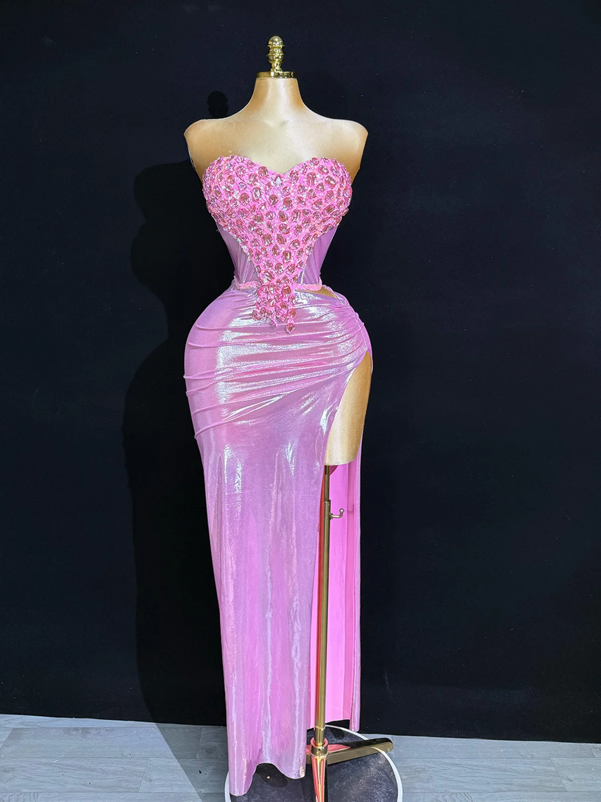 

Sparkly Heart Neck Strapless Evening Dress Shiny Satin High Slit Bodycon Fashion Rhinestone Sexy Party Prom Cocktail
