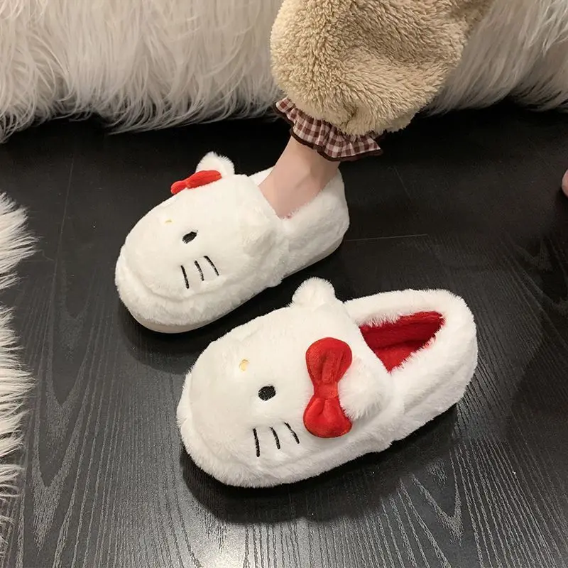 Fashion Sanrio Hello Kitty Plush Slipper Cartoon Kt Cat Warm Winter Indoor Slippers Flat Casual Non-Slip Girls Home Shoes Gift ﻿