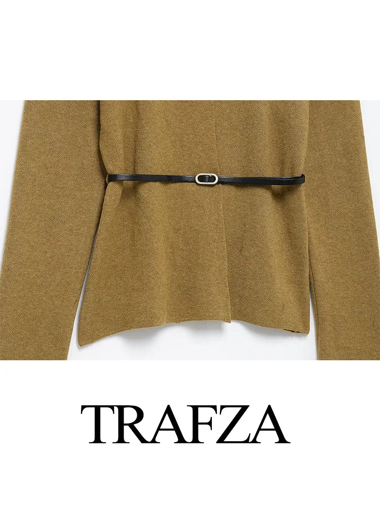 TRAFZA Women's New Fashion V-Neck Belt Pure Wool Casual Jacket Female Elegant High-End Knit Long Sleeve Cardigan 2-Color Outwear