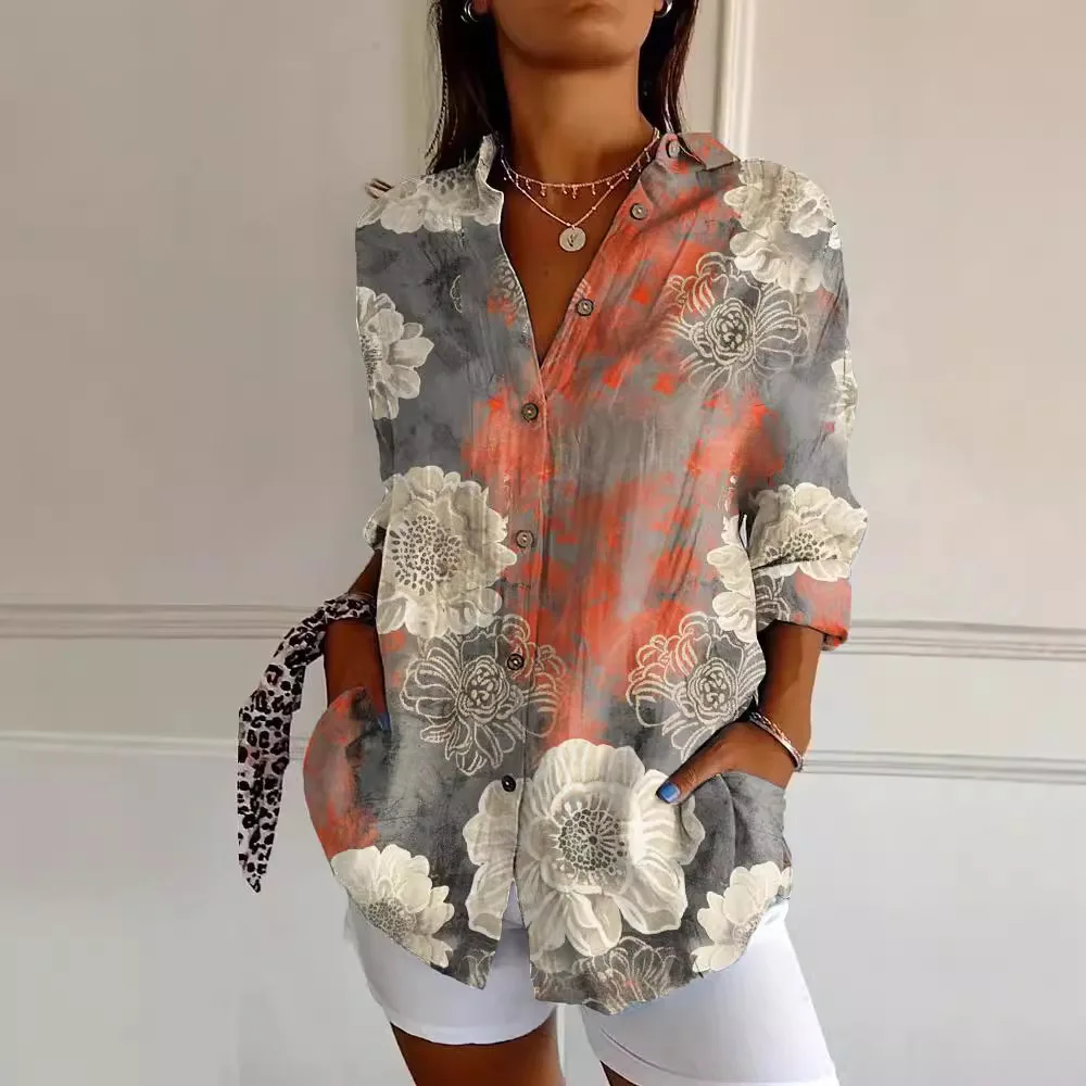 Camicia Donna Manica Lunga Stampa Colletto - close-up view
