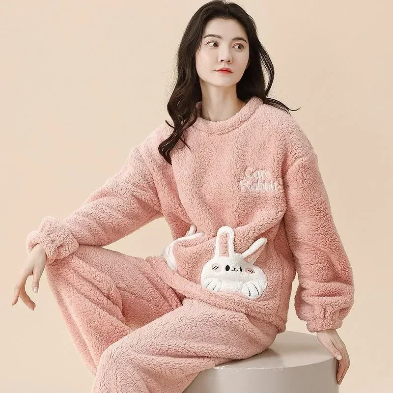 

Coral Fleece Pajama Women's Autumn Winter Thick Loungewear Flannel Sleepwear Solid Color Round Collar Loungewear Set New 2025