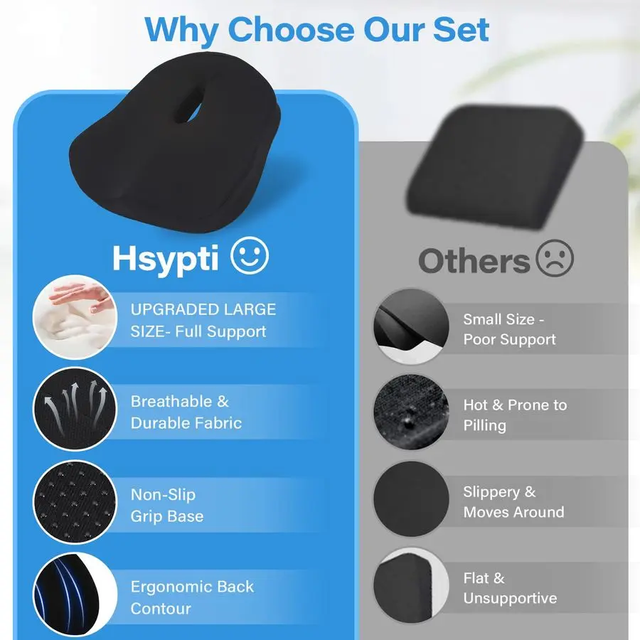 Cojín de apoyo lumbar para silla de oficina, X cojines grandes de espuma viscoelástica para silla para ciática, coxis, alivio del dolor, almohadilla cóctel