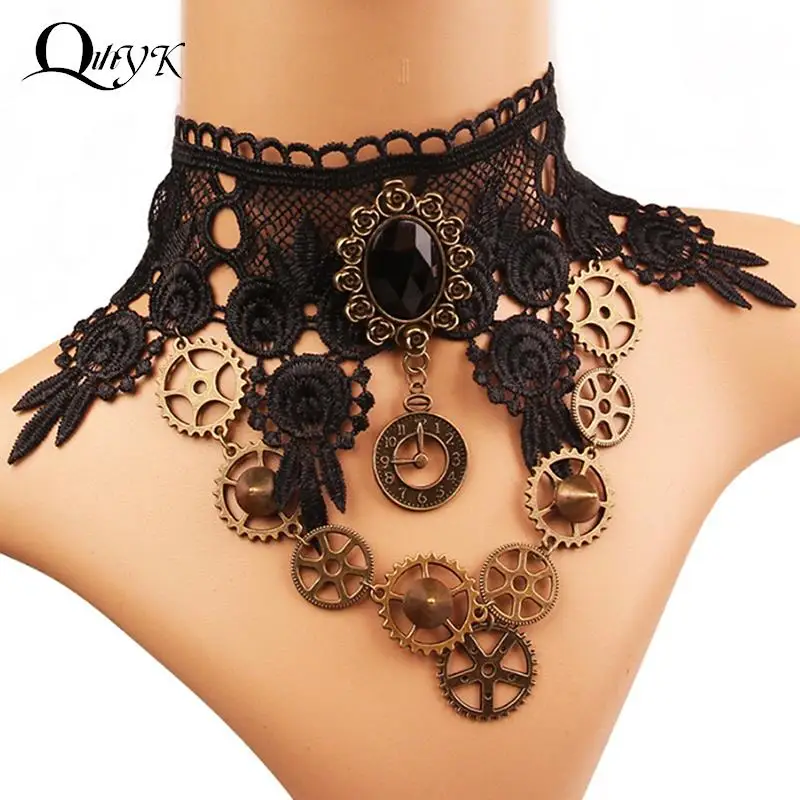 Collares Sexy Gothic Chokers Crystal gear chain Black Lace Neck Choker Necklace Vintage  Women Chocker Steampunk Jewelry