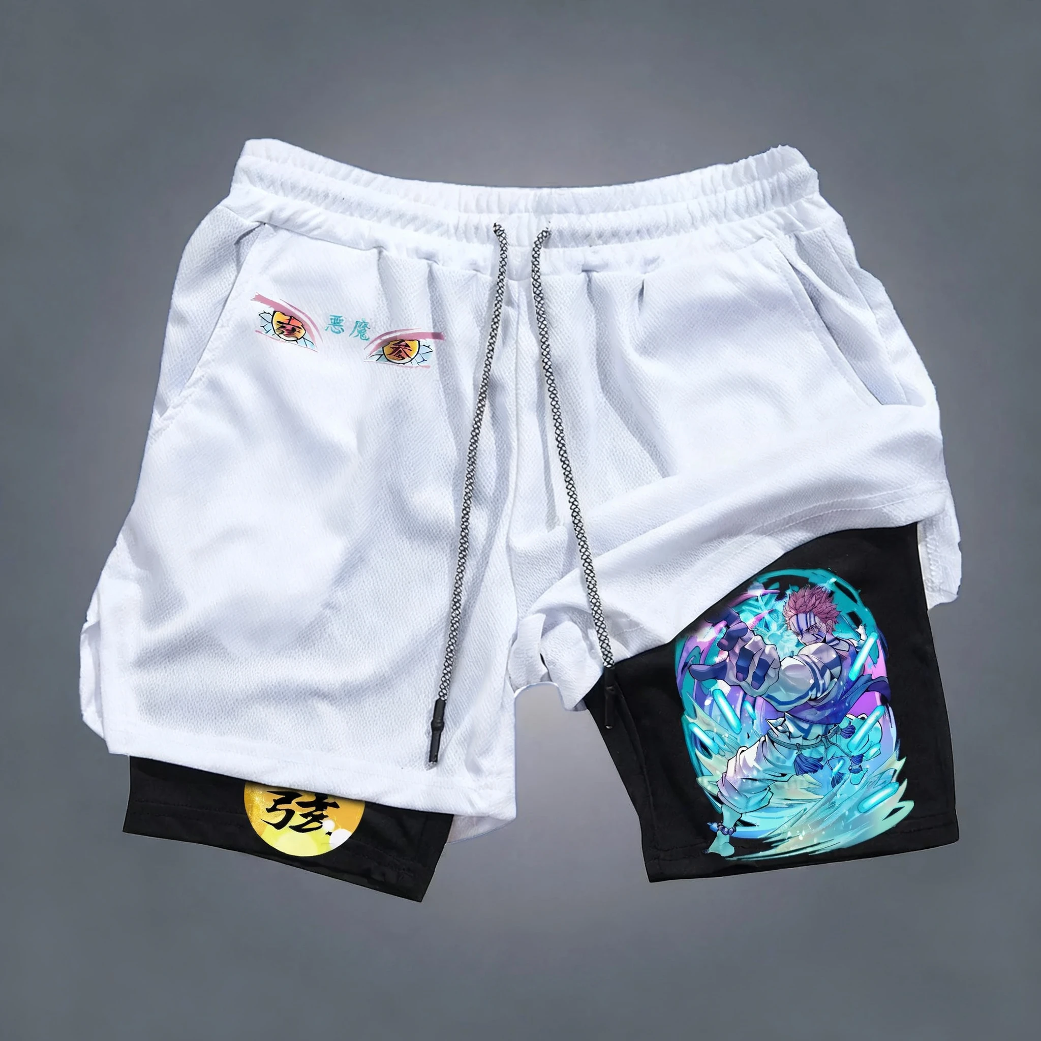 شيطان القاتل Akaza أنيمي مطبوعة طبقة مزدوجة السراويل 2026 الصيف الرجال اللياقة البدنية تنفس التجفيف السريع Y2K 2 في 1 السراويل الرياضية