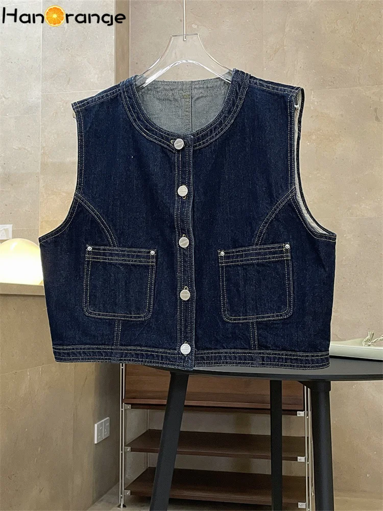 HanOrange 2024 Spring Fashion Woman Denim Vest Cowgirl Collarless Cropped Jacket Sleeveless Female Vintage Women\'s Clothes