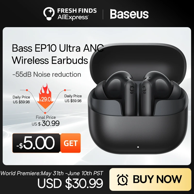 Audífonos Inalámbricos Baseus Bass EP10 Ultra - Reducción de Ruido de -55dB, 65 Horas de Reproducción, Bluetooth 6.0, 6 Micrófonos, Llamadas Nítidas con IA