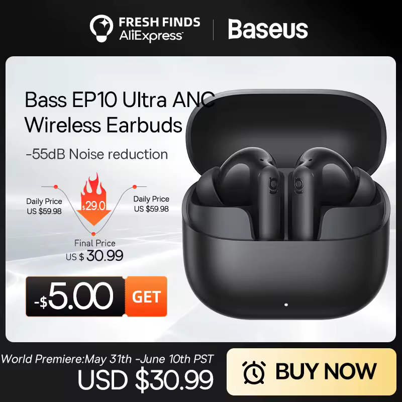 אוזניות אלחוטיות Baseus Bass EP10 Ultra - הפחתת רעשים של 55dB, זמן נגינה ארוך של 65 שעות, Bluetooth 6.0, 6 מיקרופונים, שיחות AI ברורות