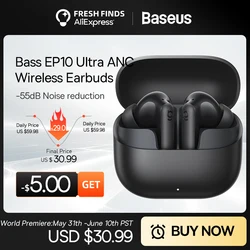 Baseus Bass EP10 Ultra Wireless Earphones -55dB Noise Reduction 65Hrs Long Playtime Bluetooth 6.0 Earbuds 6 Mics AI Call Clear