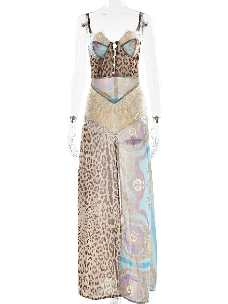XIAOTANG Leopard Print Lace Split Sexy Maxi Dress Women Gown Elegant Patchwork Chiffon Sleeveless Backless Beach Evening Dress