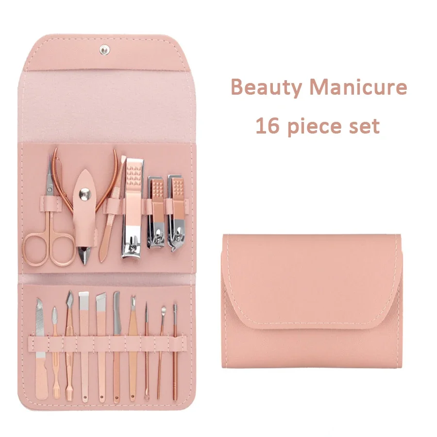 Pink Set Nail Cutter Set Stainless Steel Nail Clippers Set With Folding Bag Manicure Cutter Kits Scissors Makeup Beauty Tool