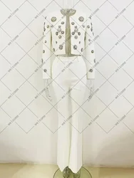 2024 New Women's White  Heavy Industry Diamond Pearl New Design Set Slim Fit Handmade Pants Set Two Piece Sexy Set