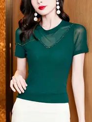 2024 Spring Summer T Shirt Women Korean Style Slim Stretch Mesh T-shirts Tshirts Short Sleeve Tops Tee Shirt Femme M-3XL