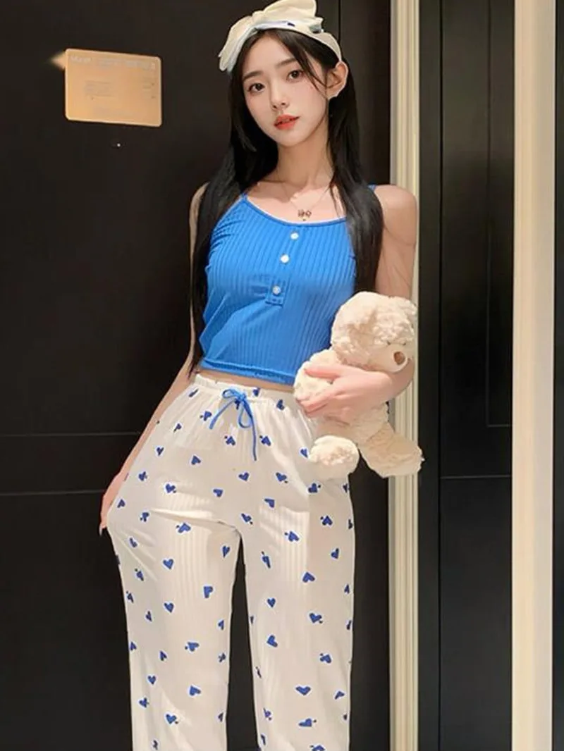 

New Heart-shaped Pajamas For Women Spring Summer Sweet Cute Pajamas 3 Piece Set Strap Long Pants Sexy Sweet Korean Set NZR8