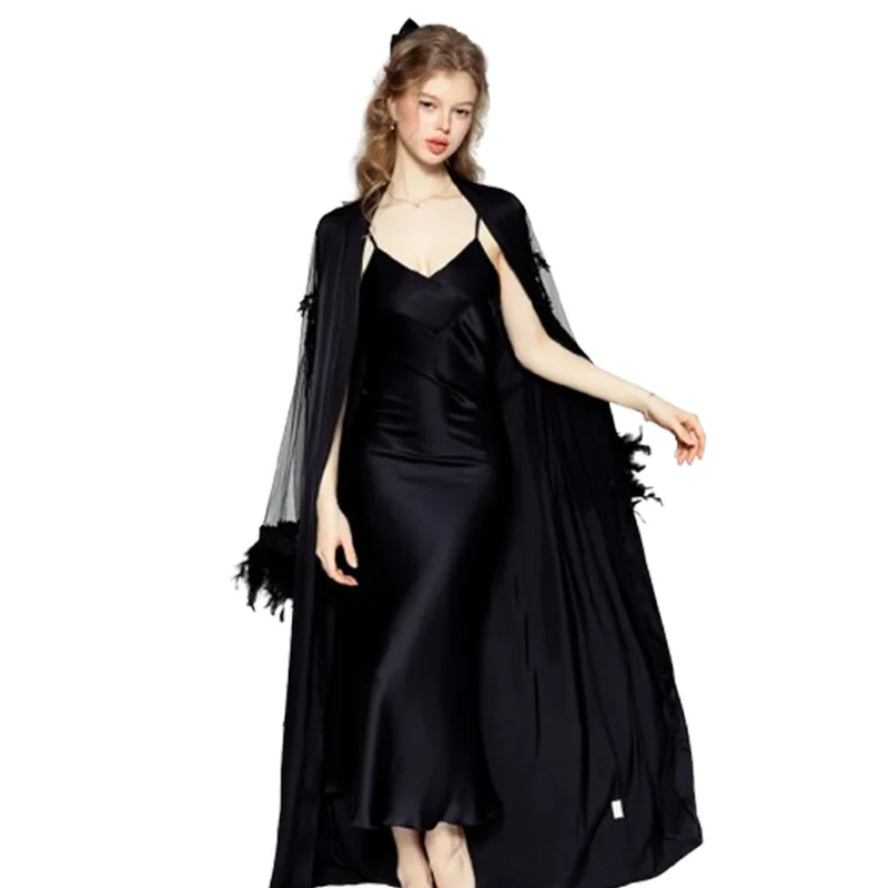 Silky Satin Deep V Seductive Sexy Backless Strap Nightdress With Robe High-End Sleepwear Dress Casual Elegant Style Dress QJKN