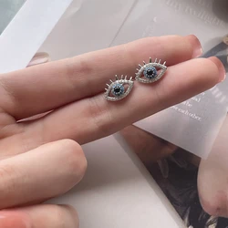 YILUOCD 925 Sterling Silver Zircon Blue Evil Eye Stud Earrings for Women Simple Demon Eyes Piercing Jewelry New Year Gift