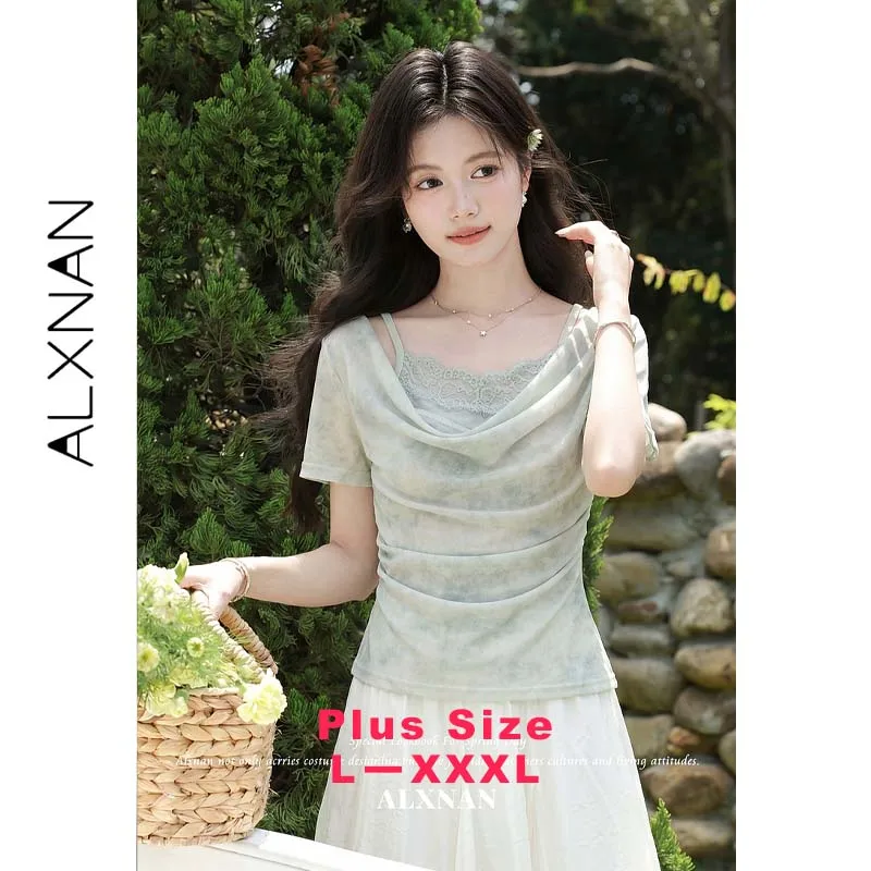 ALXNAN Plus Size Lace Fake Two Piece T-shirt Women Summer Green Short Sleeve Top Draped Neck Gradient Print Elegant Tee D661181A
