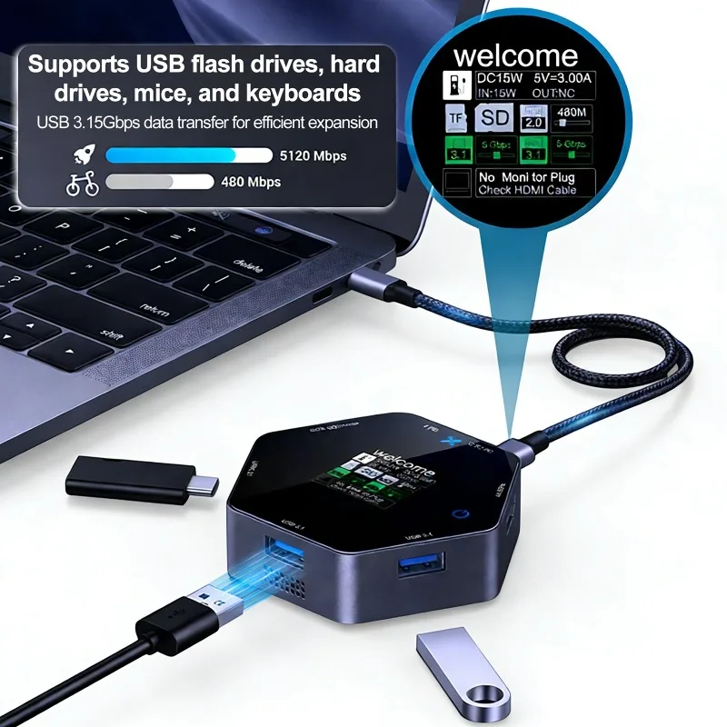 8 IN 1 Multi Port Expansion Dock Smart Display 4K 60 hdtv PD Charging USB Extender Aluminum Alloy USB HUB Docking Station