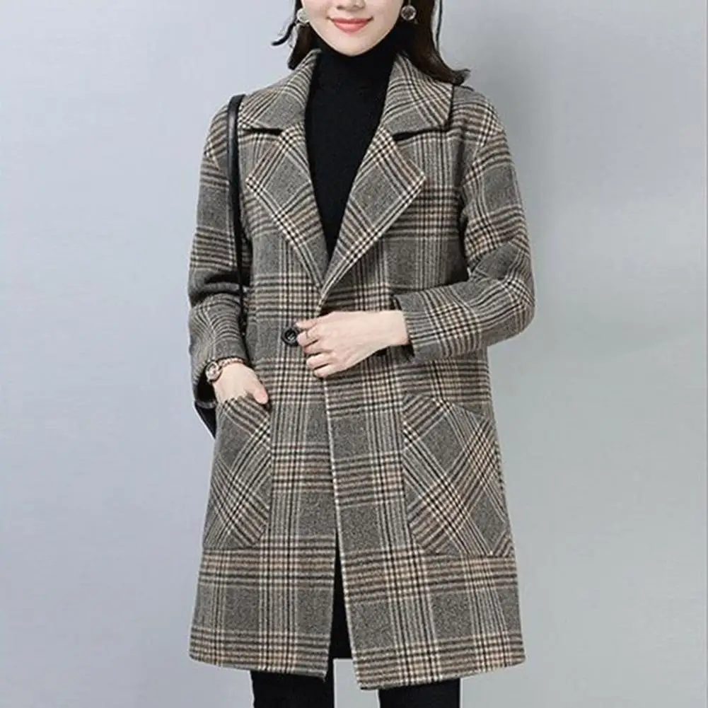 Women Plaid Woolen Coat Classic Lapel Collar Winter Jacket Thickened Turn-down Collar Long Sleeve Women Overcoat OL Commute Coat