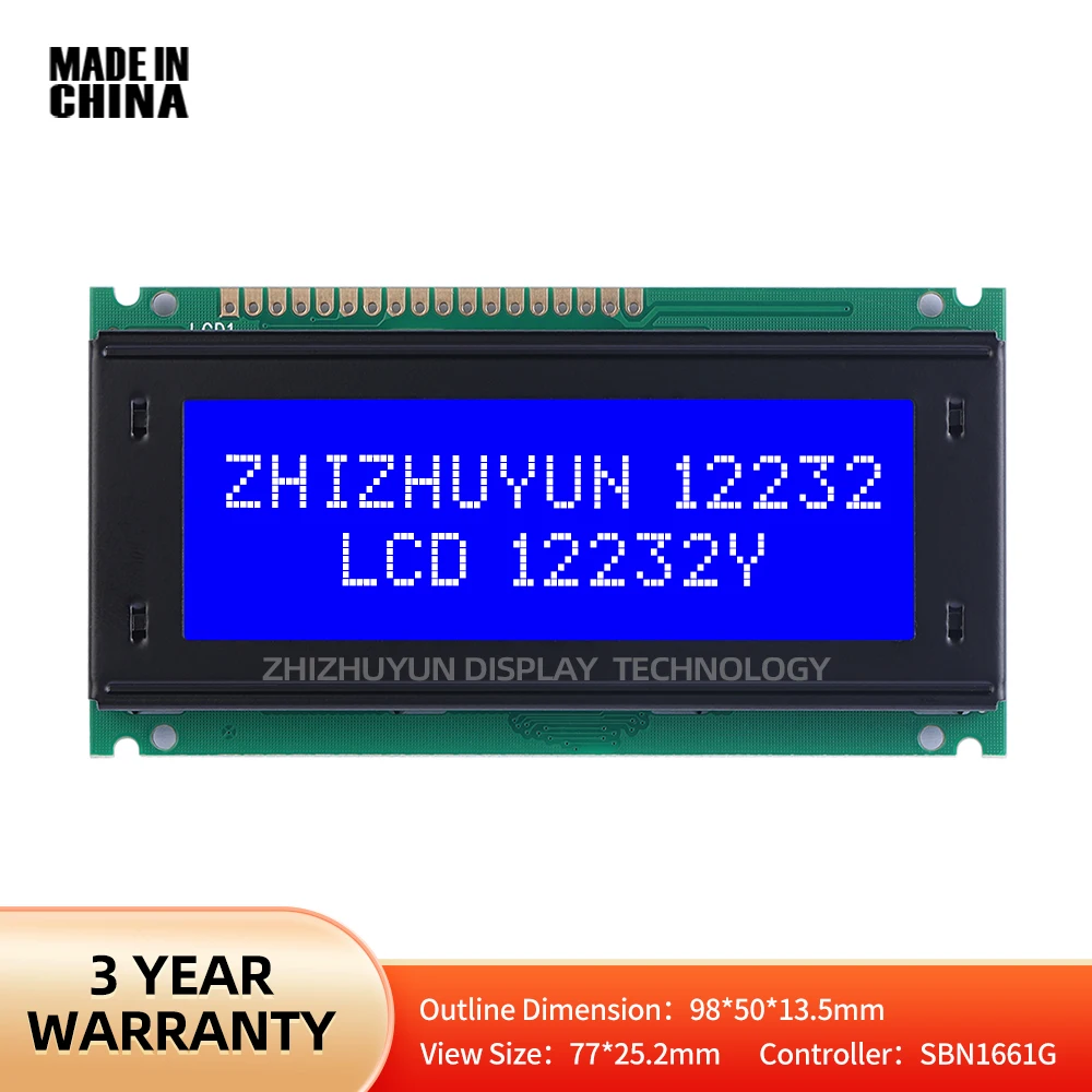 Tela Gráfica LCD 12232Y LCM, Personalização de Suporte, Filme Azul Monocromático, 77*25.2mm, Spot Goods do Fabricante