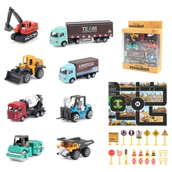 8pcs/set Alloy Engineering Truck with Mat&Road Sign Classic Construction Model Excavator Loader Vehicle Tractor Toy Car for Boys